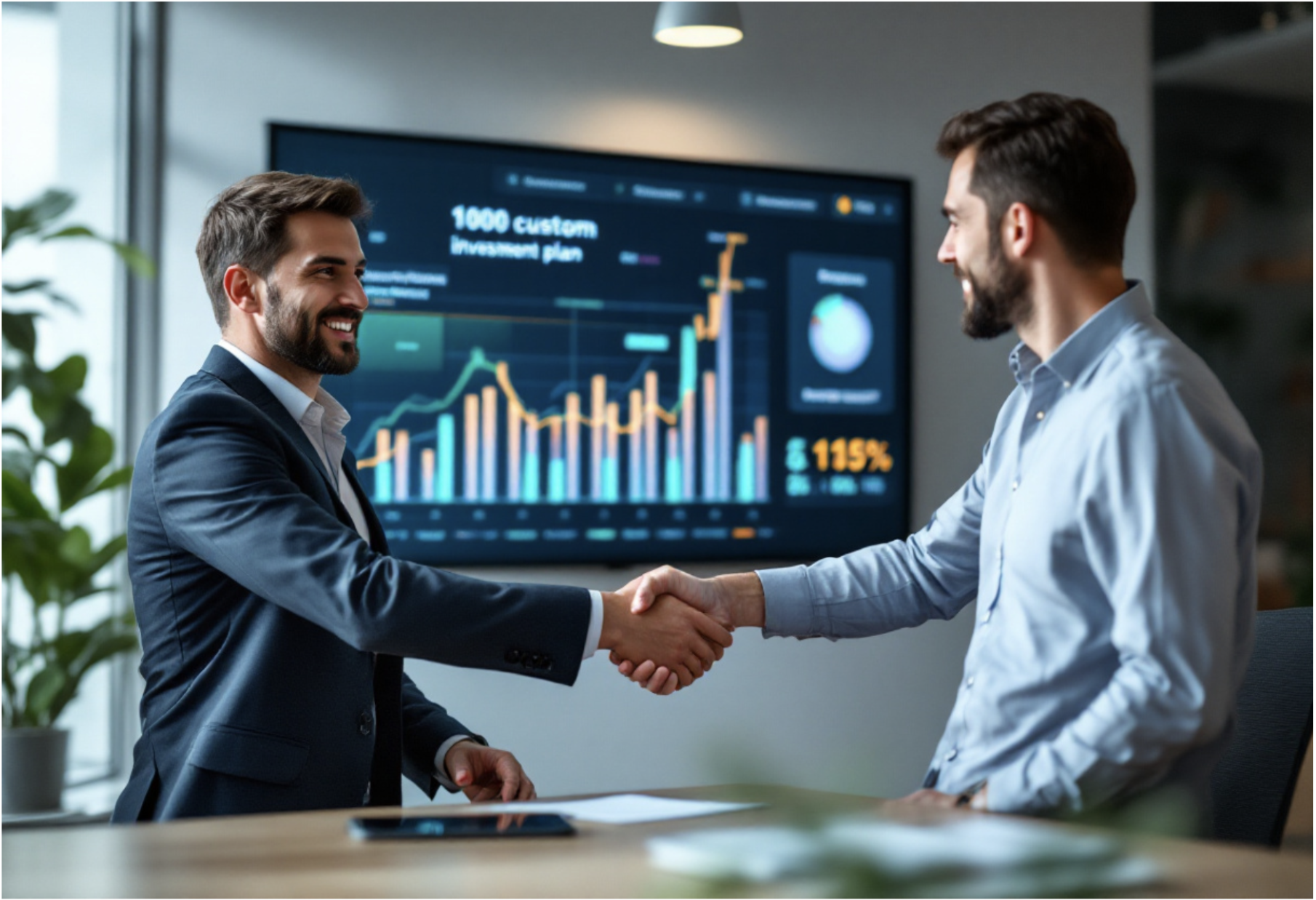 Two business professionals shaking hands over an investment deal, with an AI-powered financial dashboard displaying custom investment growth analytics.